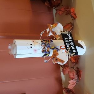 Mid 1990s Hand Painted Wood Log Ghost Candle Holder